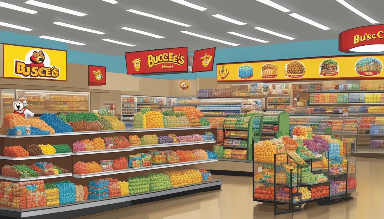 A bustling Buc-ee's store with colorful merchandise displays and a prominent logo