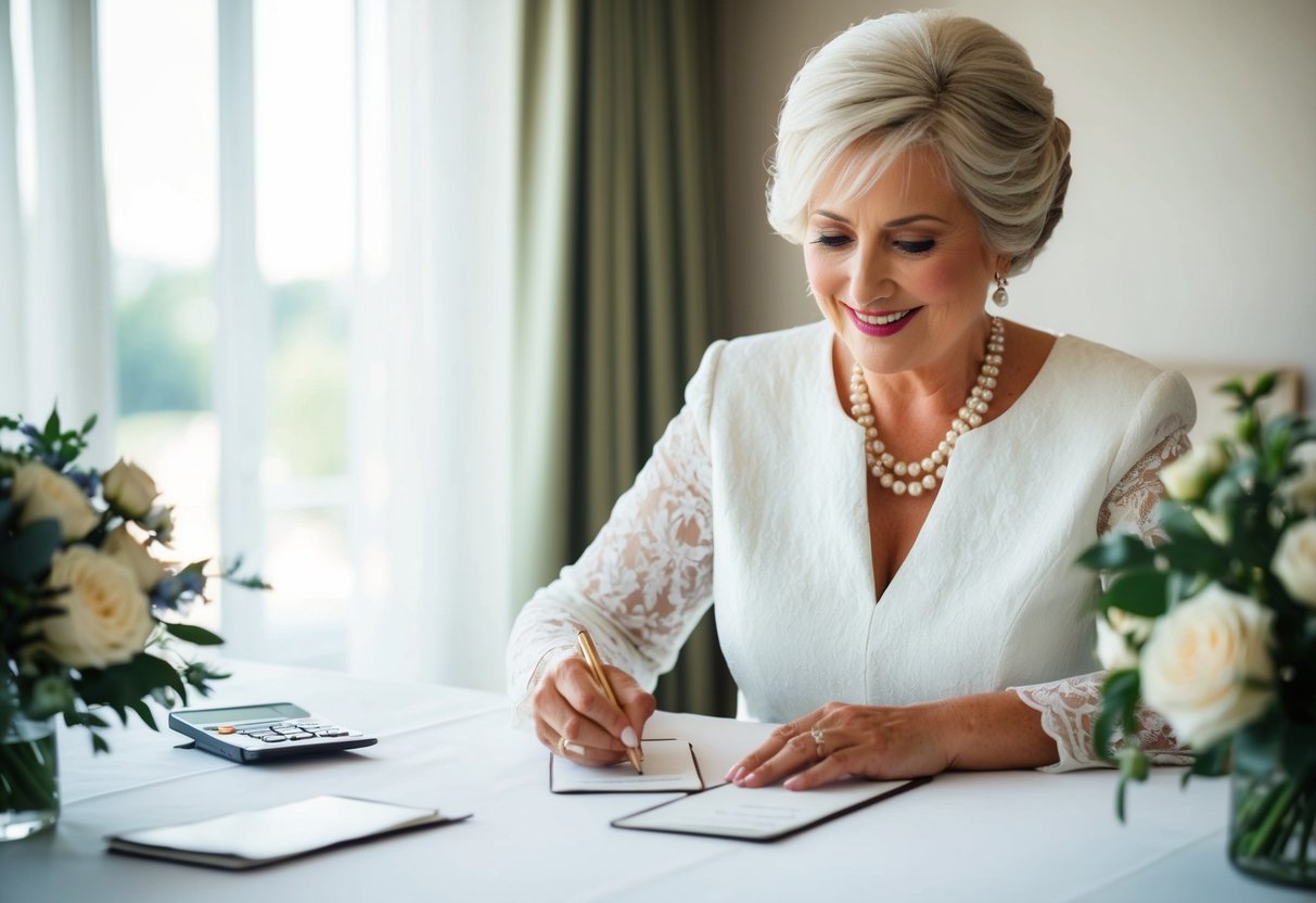 A mother of the bride writing checks for wedding expenses such as the venue, catering, and floral arrangements