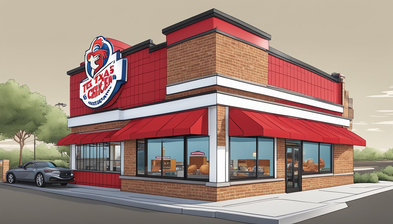 A bustling Church's Texas Chicken restaurant with a red and white exterior, a drive-thru window, and a large sign featuring the company's logo