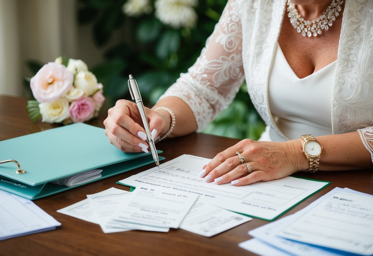 A mother of the bride writing a check for wedding expenses, surrounded by receipts and a wedding planning binder
