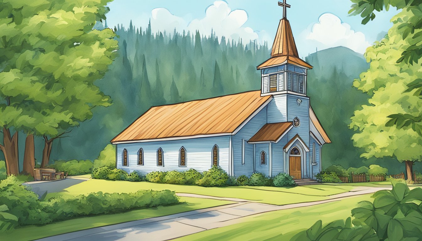 A small church stands amid lush greenery in Washington State, with a sign for "Church's Texas Chicken" visible in the distance