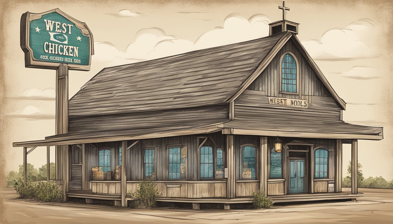 A rustic Texas church with a vintage menu board advertising West Monroe chicken dishes