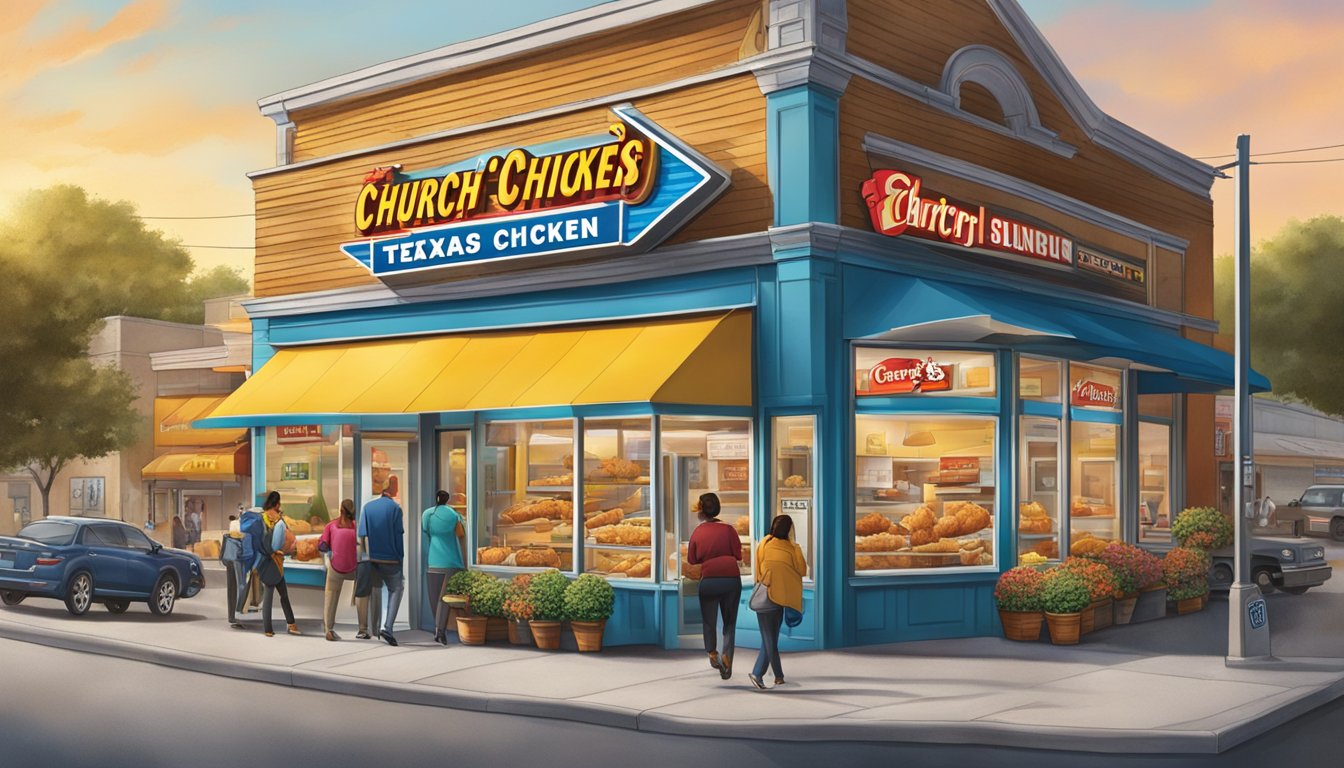 A bustling street corner with colorful signage for Church's Texas Chicken in Washington