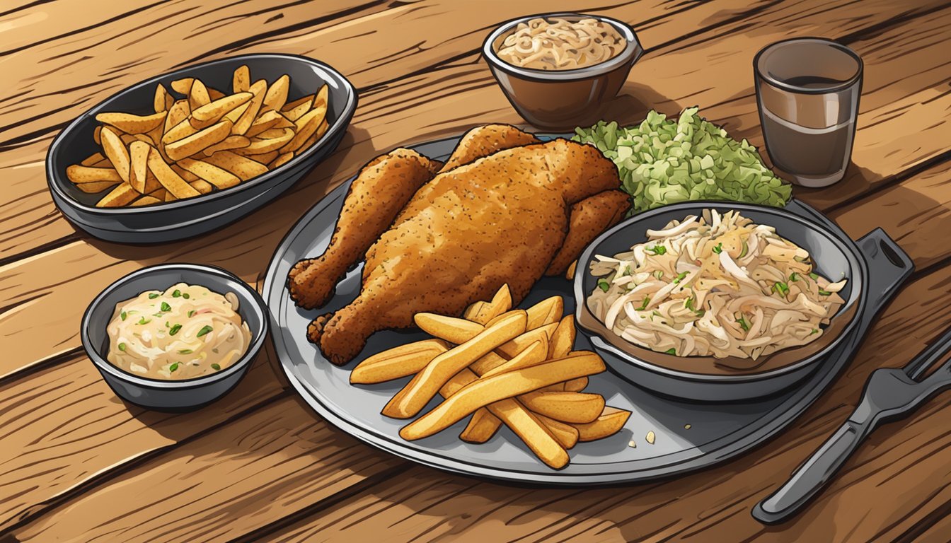 A sizzling plate of Texas chicken with a side of golden fries, coleslaw, and a biscuit, all arranged on a rustic wooden table