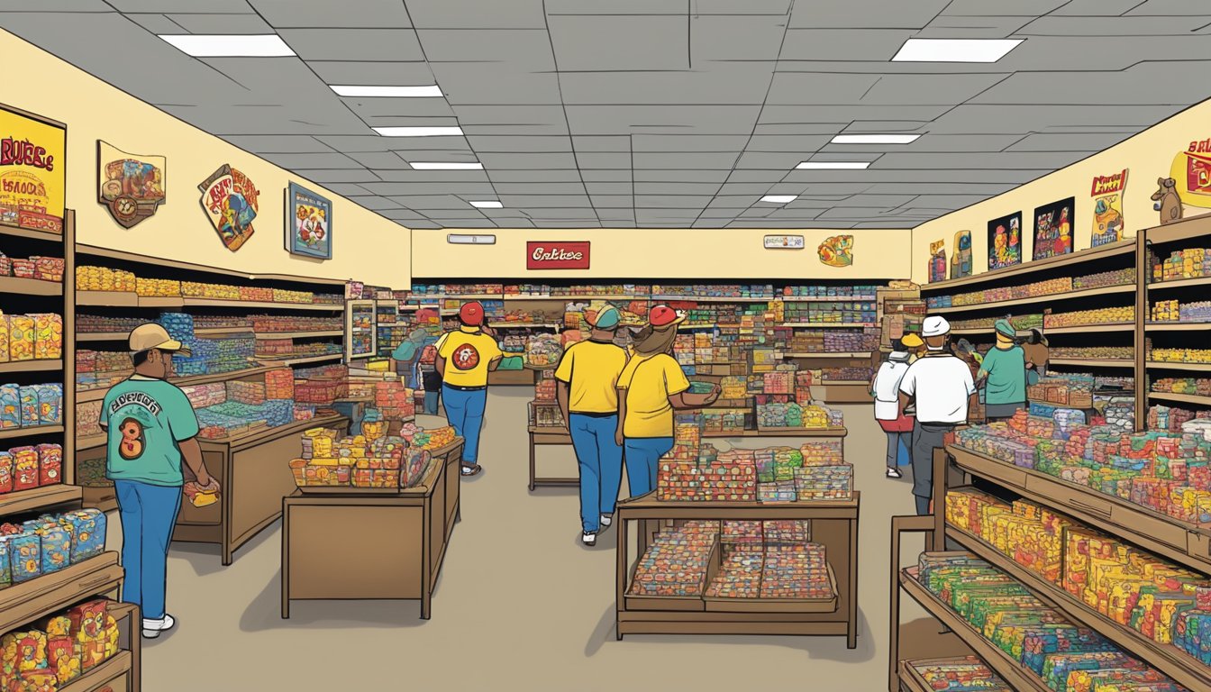 A bustling retail store filled with shelves of Buc-ee's merchandise, including shirts, hats, and souvenirs. Customers browse and purchase items while staff members restock inventory