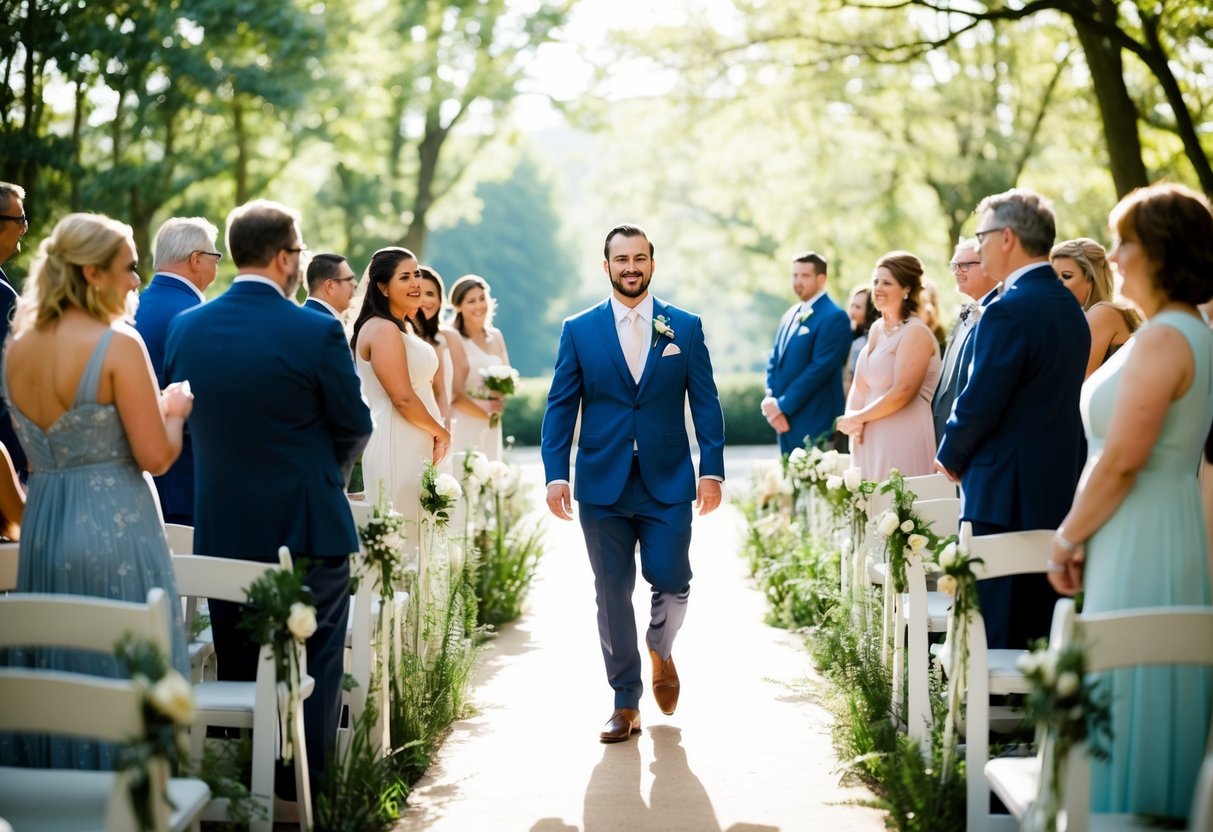 A groom walks down the aisle, surrounded by soft sunlight filtering through the trees, as gentle music fills the air