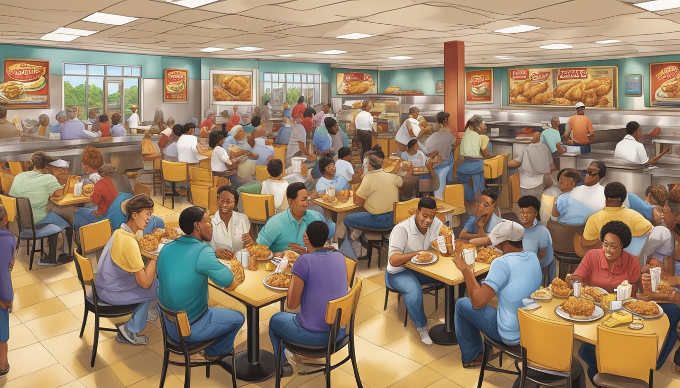 A bustling restaurant filled with the aroma of fried chicken, patrons enjoying their meals at Church's Texas Chicken in Washington