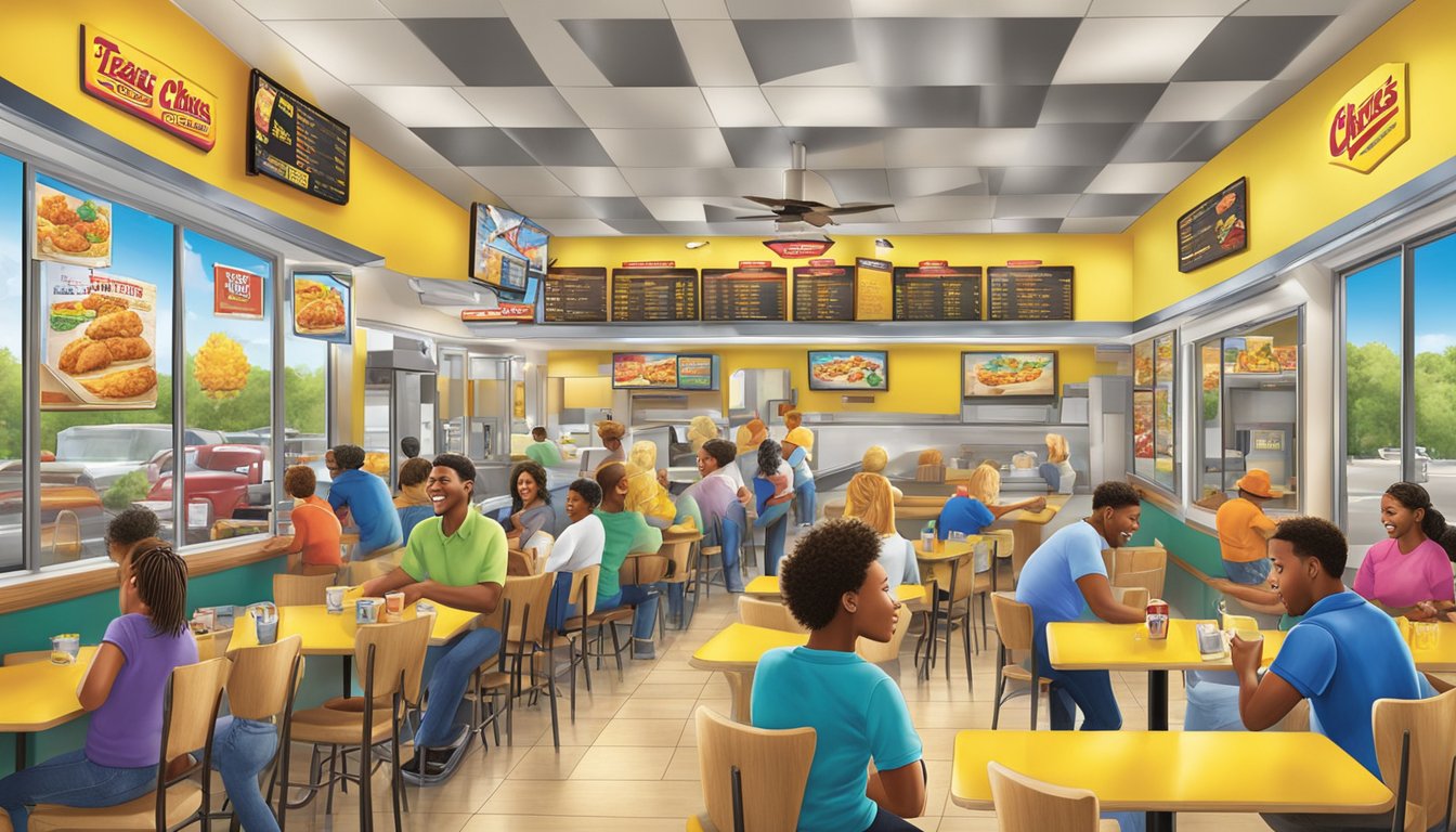 A bustling restaurant scene with a colorful menu board featuring various Texas chicken options at a Church's Chicken location in West Monroe