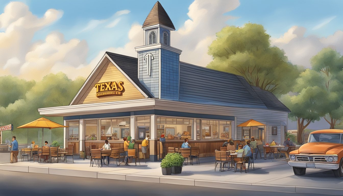 A busy Texas Chicken restaurant next to a church in Washington, with a drive-thru and outdoor seating for customer convenience