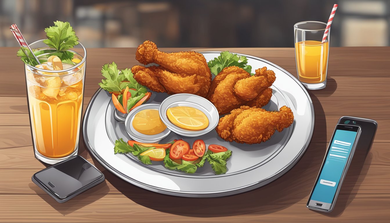 A table with a menu, a plate of fried chicken, and a drink. A customer leaving a review on a smartphone. A 5-star rating displayed