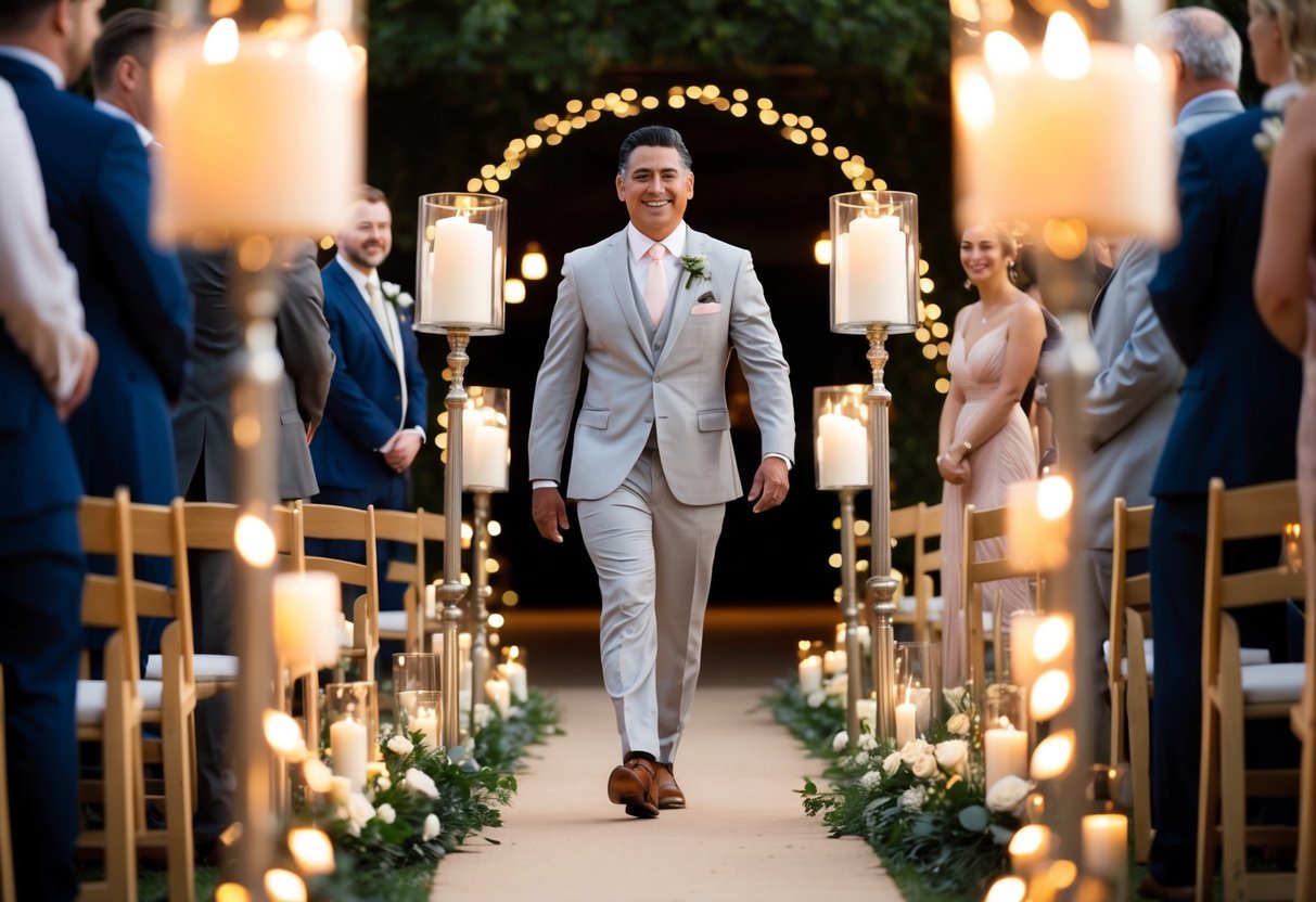 A groom walks down the aisle with a confident and joyful stride, surrounded by the soft glow of candlelight and the sweet melody of a romantic song