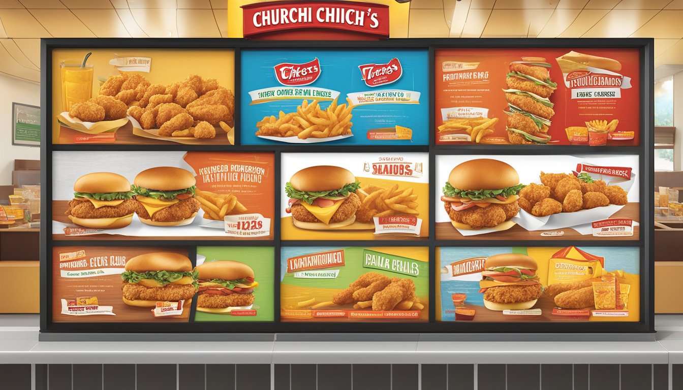 A colorful menu board featuring promotions and deals for Church's Texas Chicken in West Monroe