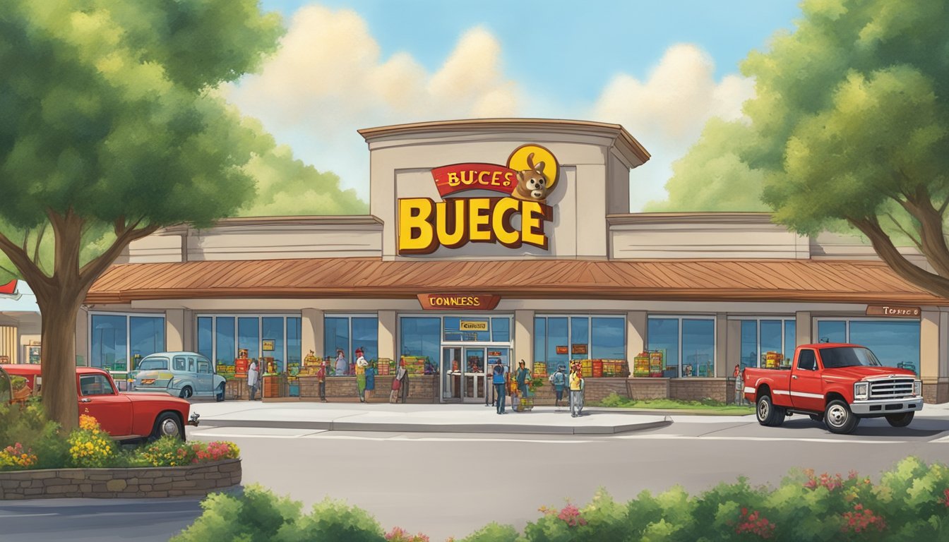 A bustling Buc-ee's store in Tennessee, surrounded by rolling hills and trees, with a large sign welcoming visitors