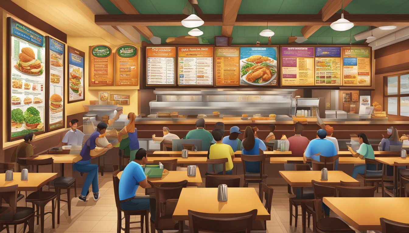 A bustling Texas Chicken restaurant with a prominent menu board and company policies displayed on the wall