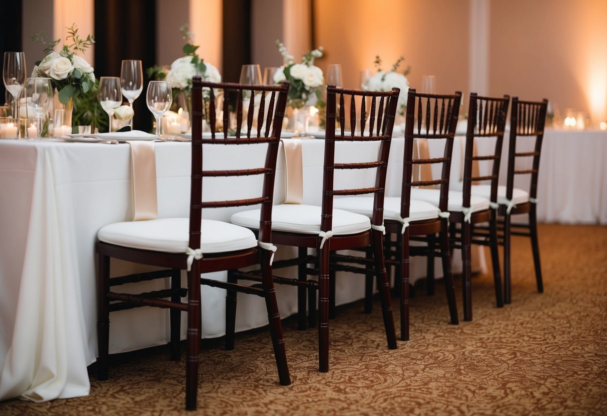 Empty chairs at a set table for a wedding reception