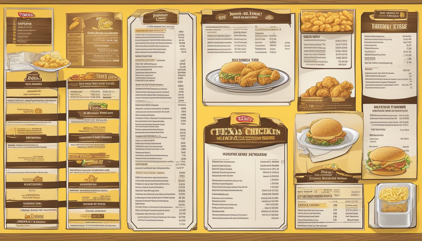 A table with various food items and their nutritional information displayed on a menu board at Church's Texas Chicken in West Monroe