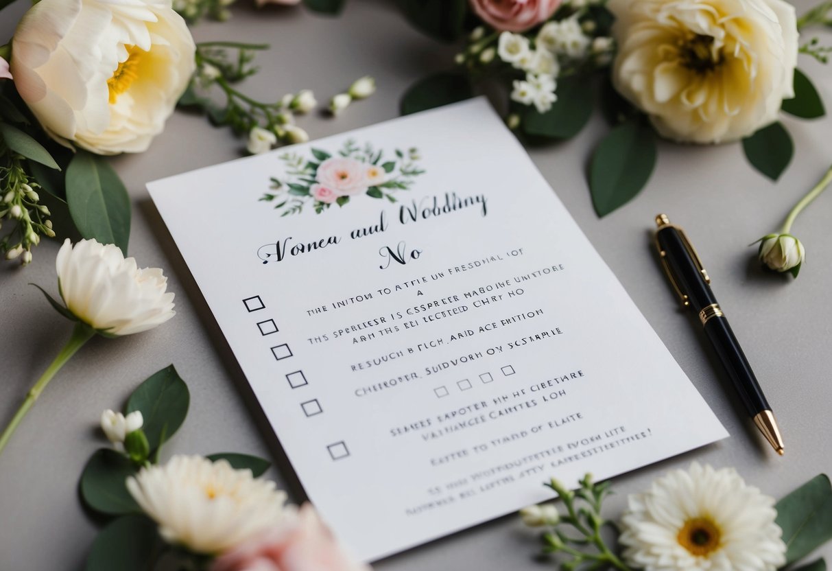 A wedding invitation with checkboxes for "yes" and "no" responses, surrounded by floral decorations and a pen nearby