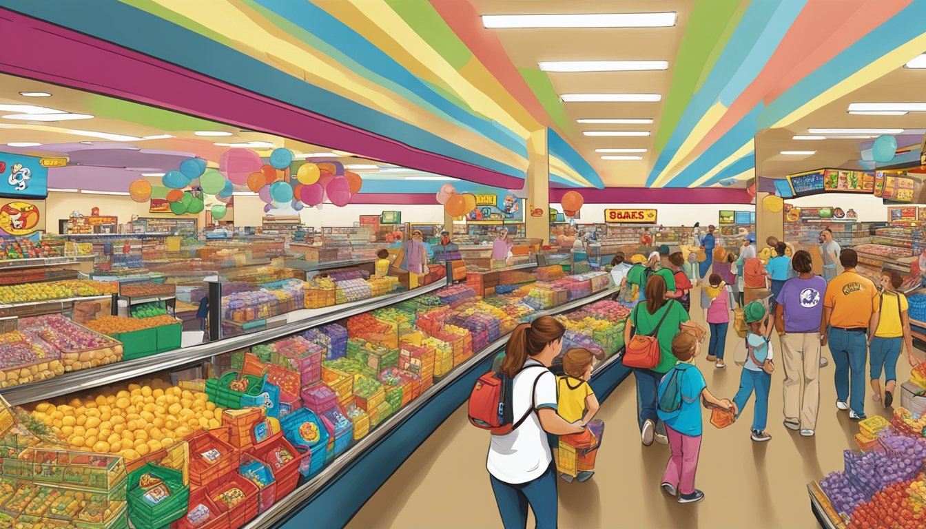 A bustling scene at Buc-ee's with rows of colorful merchandise, busy shoppers, and the iconic beaver mascot greeting visitors