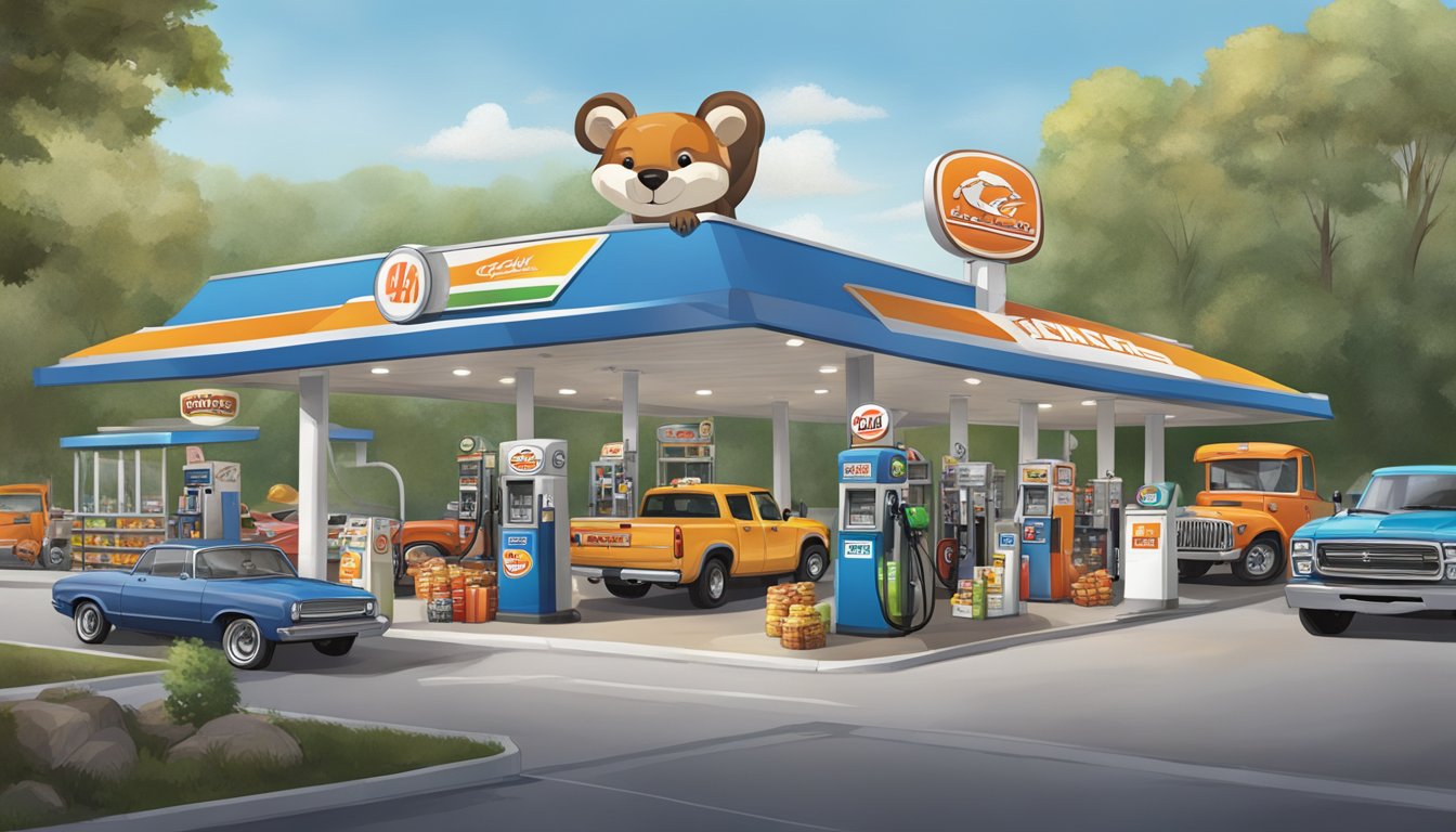 A bustling gas station with a large, beaver-themed logo, fuel pumps, and a variety of snacks and merchandise on display