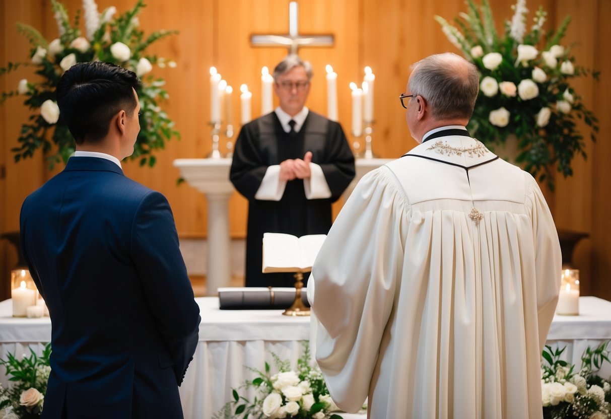 An officiant stands at the altar, facing the couple. The setting is decorated with flowers and candles, creating a warm and romantic ambiance for the special day