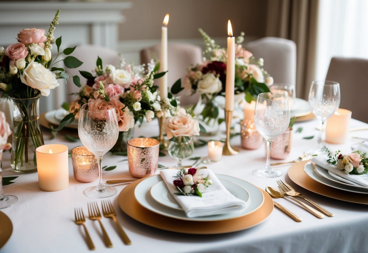 A table set with elegant decorations and place settings for a bridal shower. Flowers, candles, and delicate tableware create a sophisticated and celebratory atmosphere