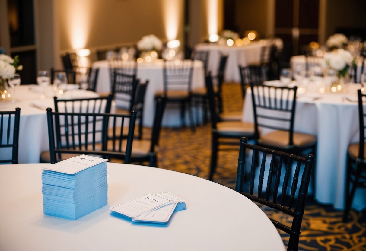 Empty chairs at reception tables, with a stack of declined RSVP cards nearby