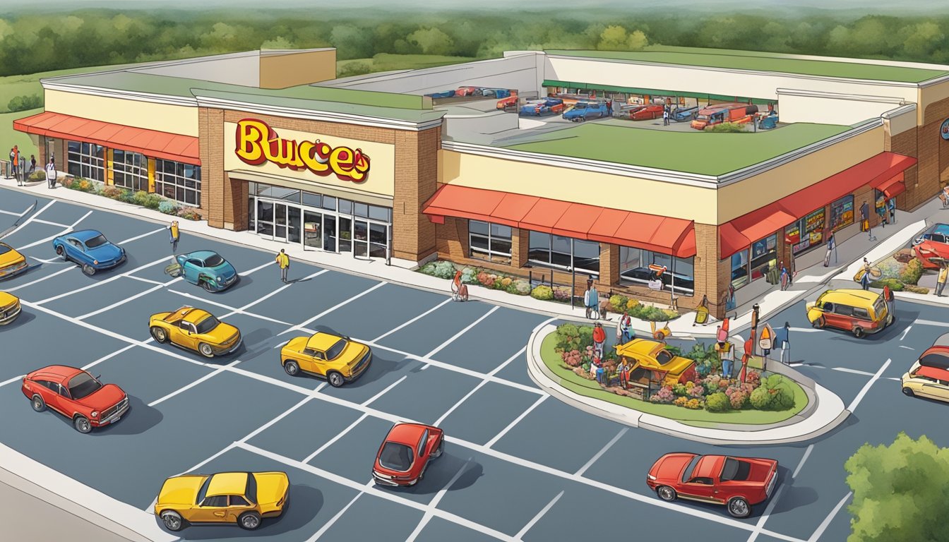 A bustling Buc-ee's in Tennessee, with cars filling the parking lot and customers coming in and out, showcasing the economic impact and employment opportunities