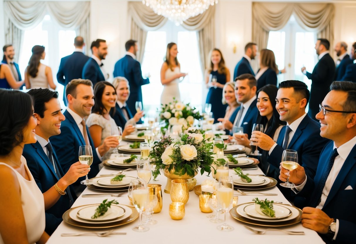 A table with elegant decorations and place settings, surrounded by happy guests mingling and enjoying food and drinks