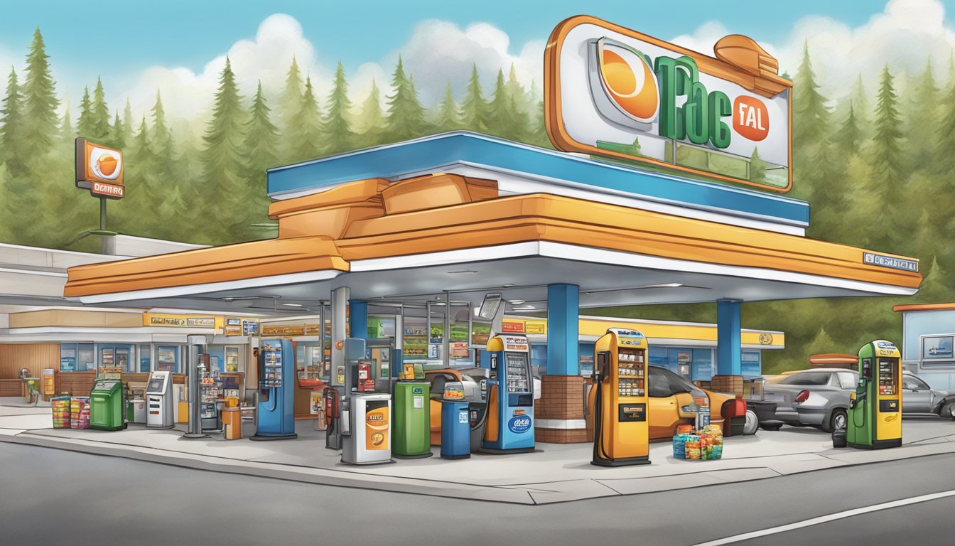 A bustling gas station with a large, beaver-shaped sign, clean restrooms, and a wide selection of snacks and merchandise