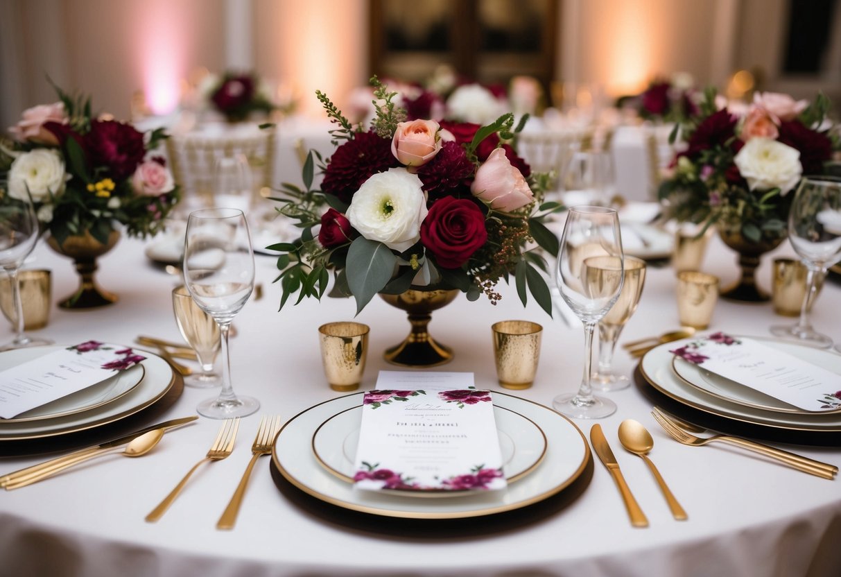 A table set with floral centerpieces, place settings, and elegant invitations