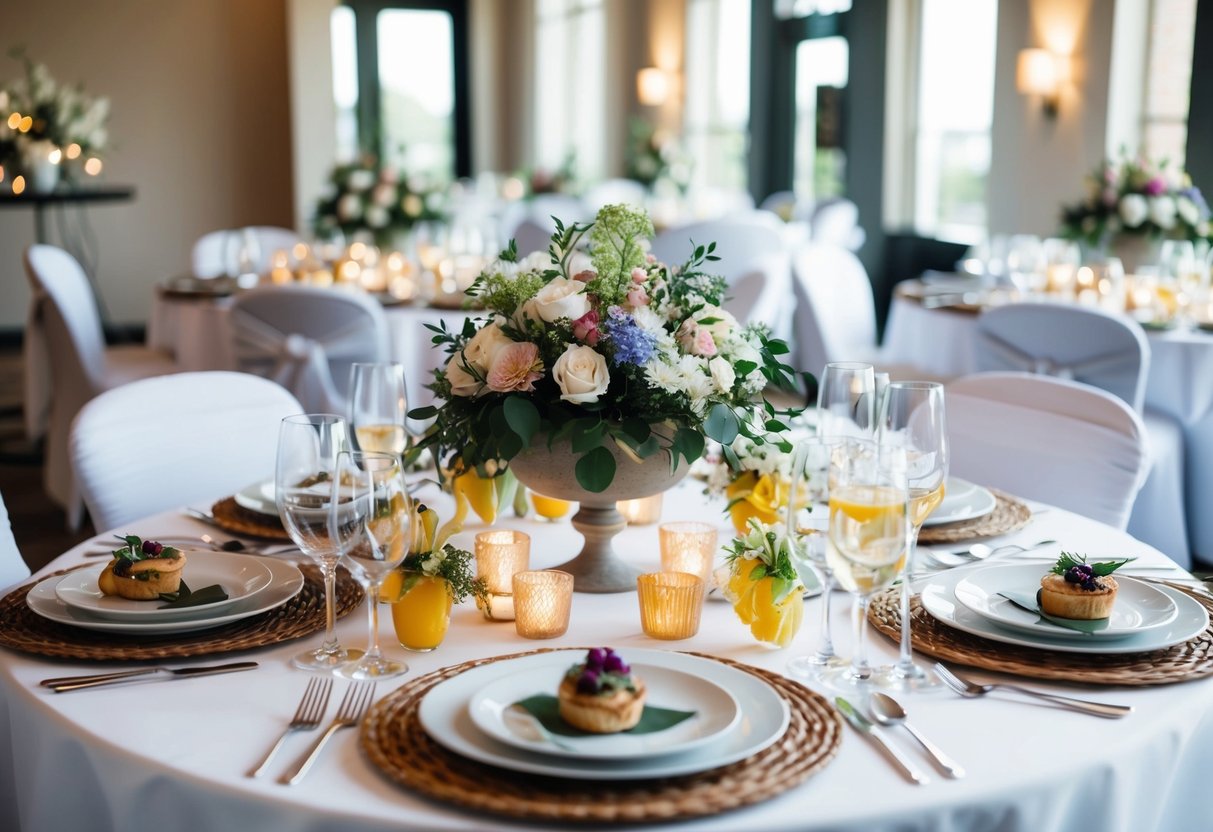 A table set with floral centerpieces, elegant place settings, and a variety of food and drinks, with a budget-conscious yet tasteful decor