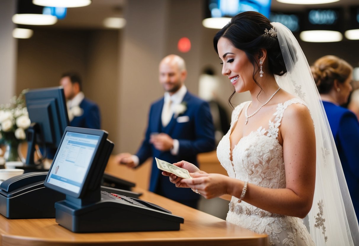 A bride paying for wedding expenses at a cashier counter