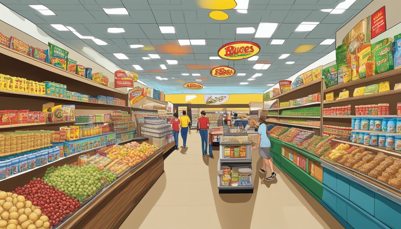 The bustling interior of a buc-ee's store, with shelves stocked with various food items and a colorful history wall display