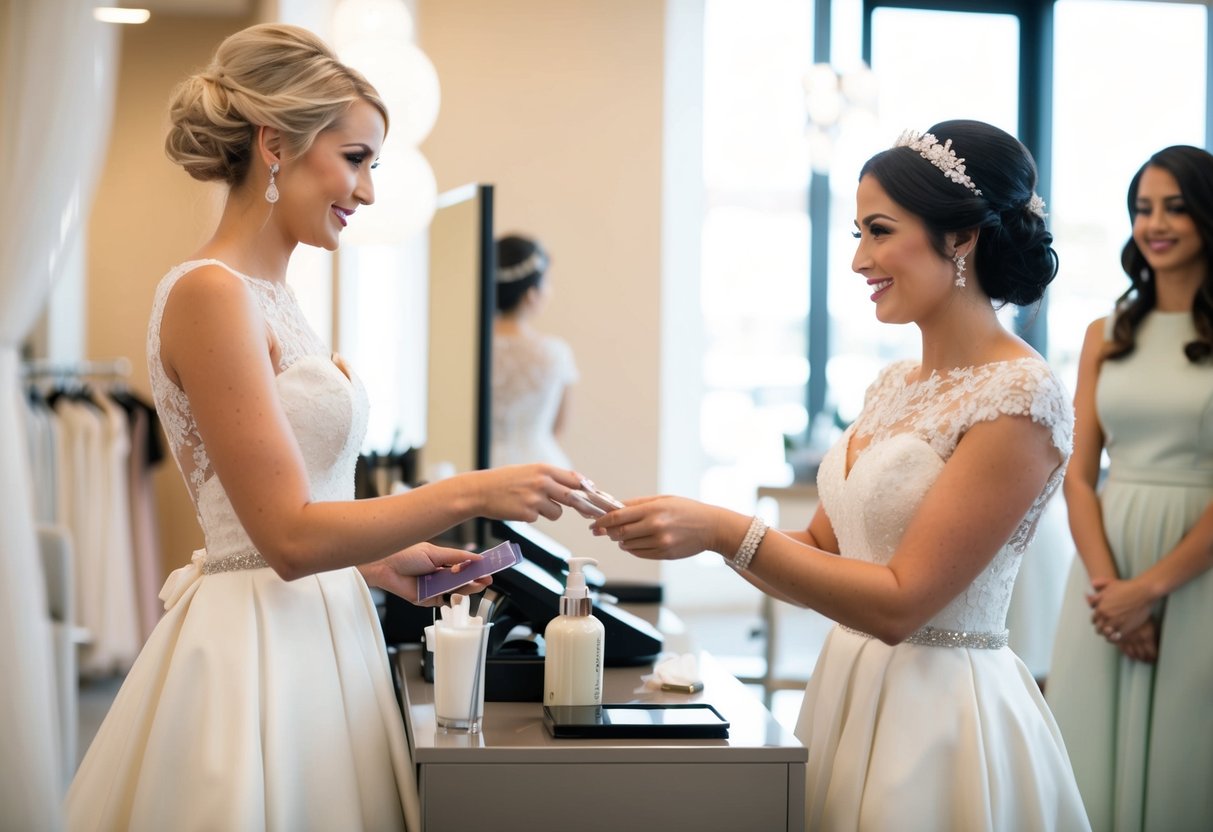 A bride paying for her bridal attire and beauty services at a boutique or salon