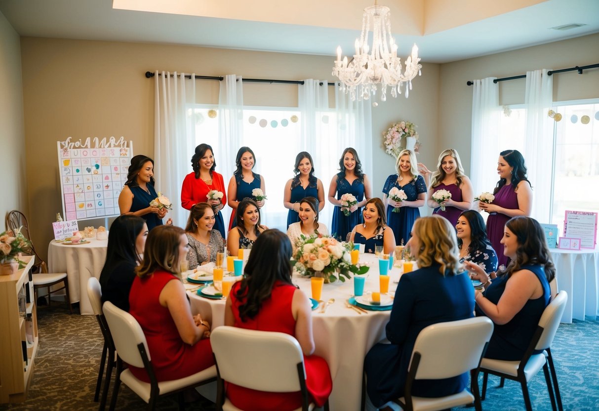 A group of women gather in a decorated room with tables set for a bridal shower, with games and activities set up around the space