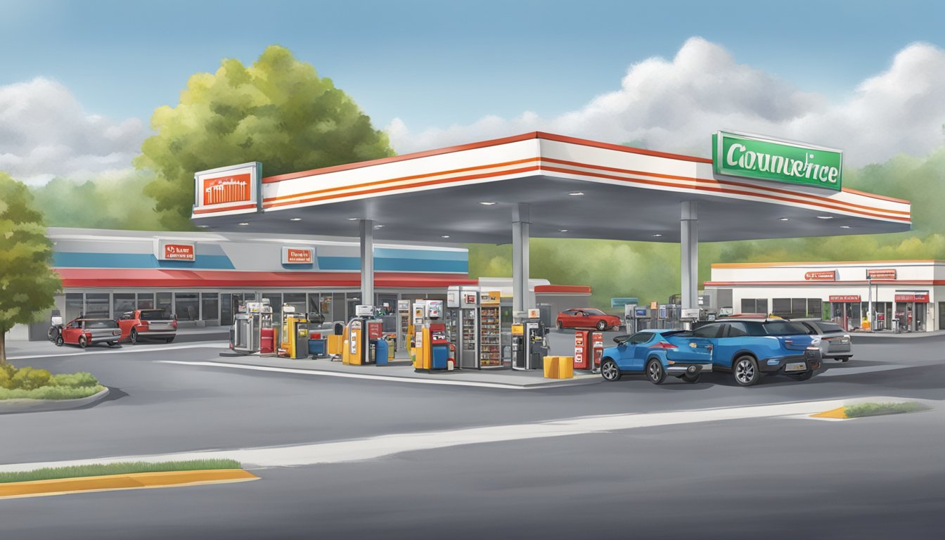 A bustling gas station and convenience store in Tennessee, with a large parking lot and a steady flow of customers coming and going