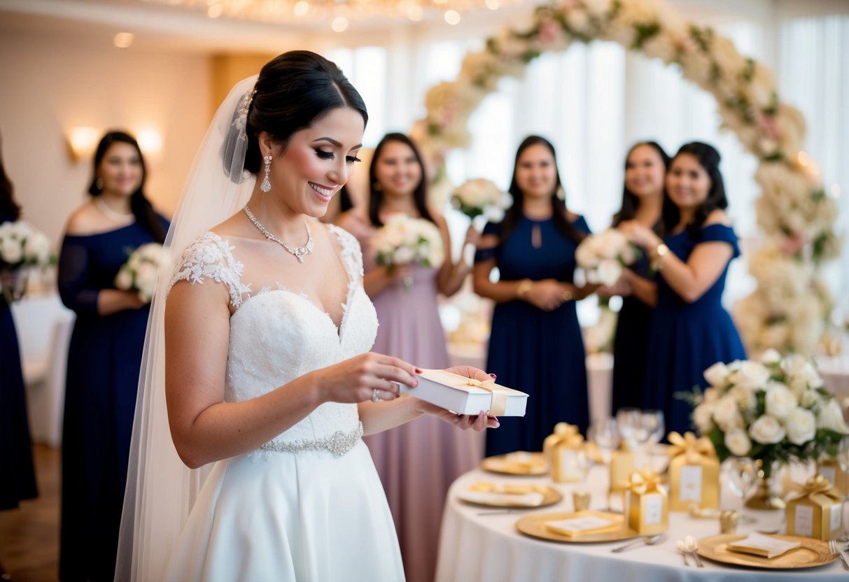 The bride pays for venue decorations, bridal party gifts, and guest favors for pre-wedding events