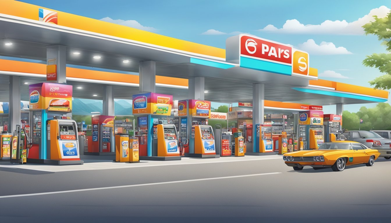 A bustling gas station with colorful signs, fuel pumps, and a large store displaying various promotional items and event posters