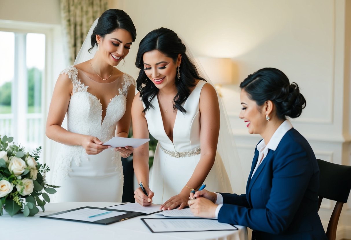 The bride paying for ceremony essentials at a table with a wedding planner, discussing and signing contracts