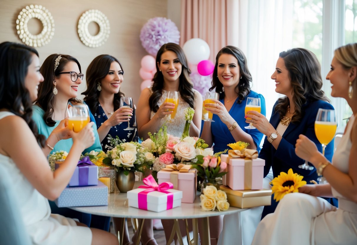 A group of women gather in a decorated room, sipping drinks and chatting, surrounded by gifts and flowers, celebrating a bridal shower