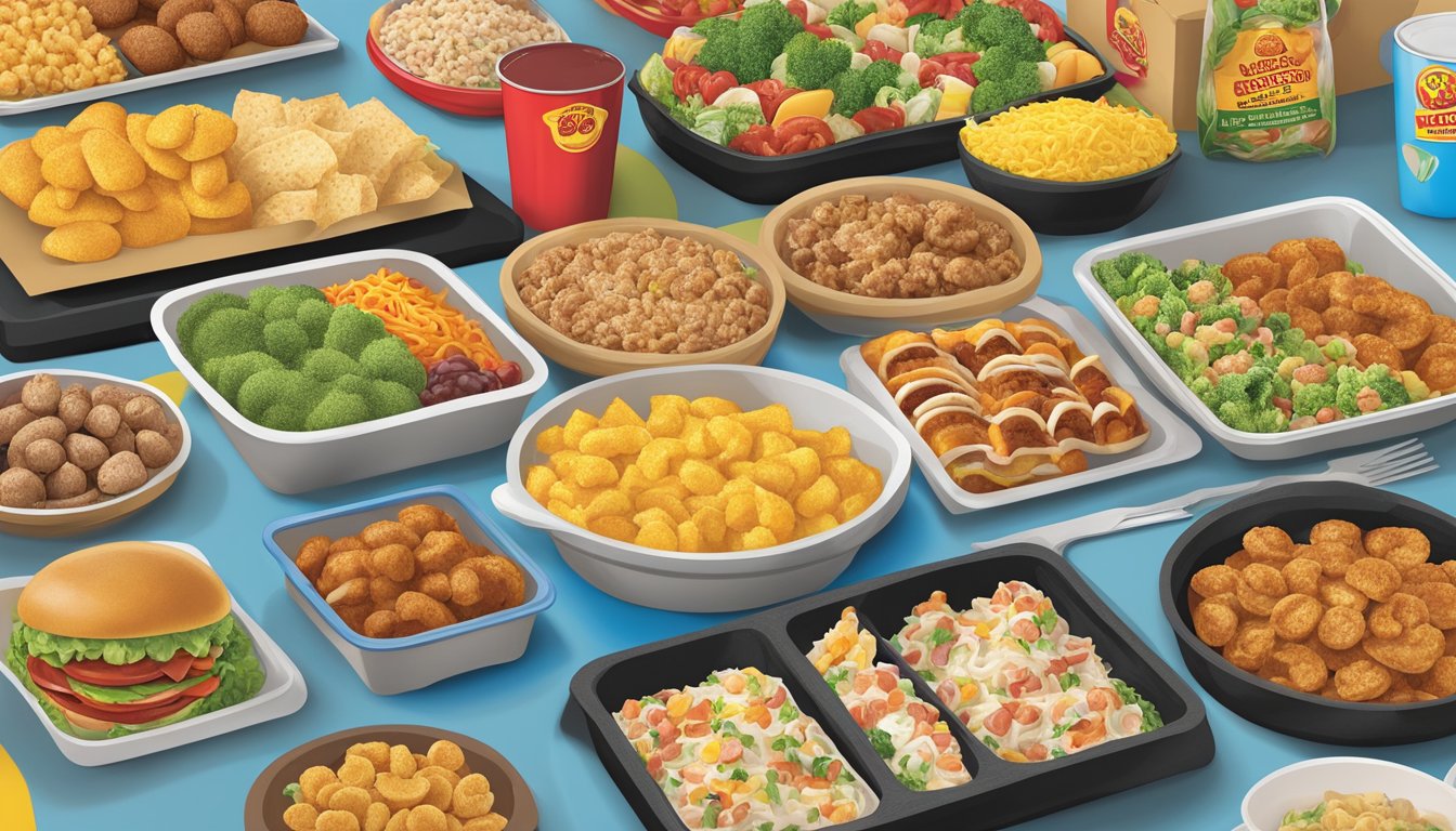 A colorful display of customized meals and prepared foods at Buc-ee's, featuring a variety of fresh dishes and packaged snacks