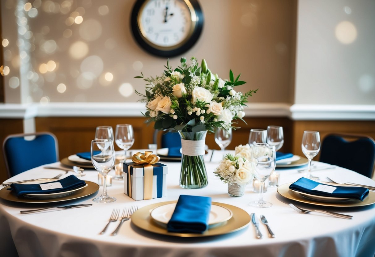 A table set with elegant place settings, a bouquet of flowers, and a gift display. A clock on the wall shows the time passing