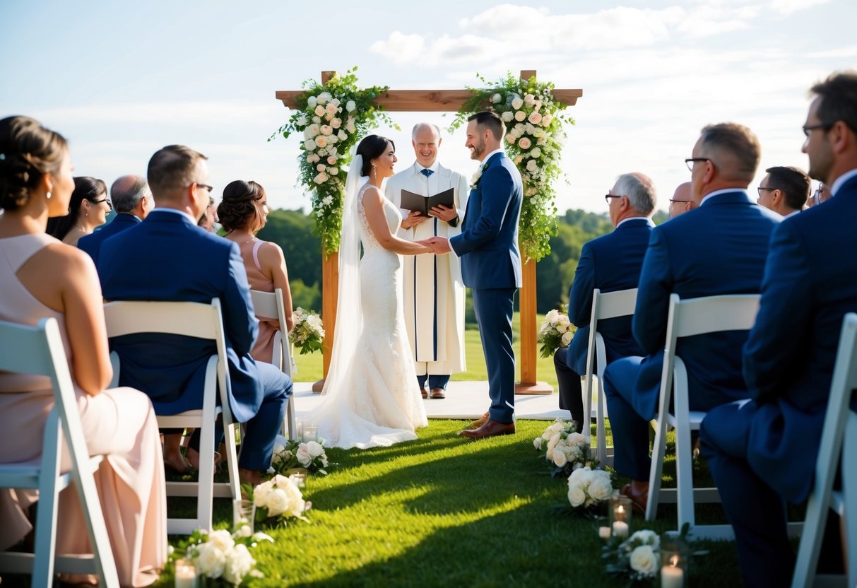 A sunny outdoor wedding ceremony with guests seated and a couple standing at an altar exchanging vows