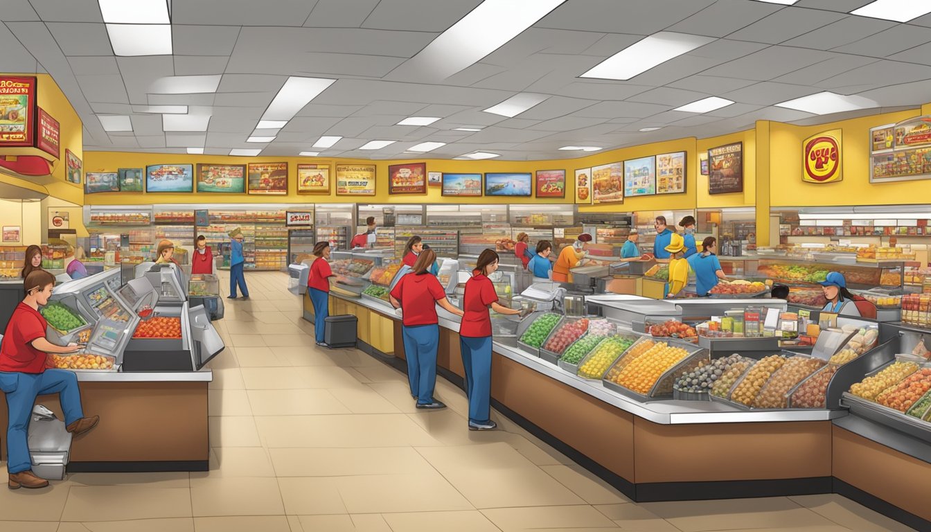 Busy Buc-ee's store with employees at various stations, including cashier, stocker, and food service roles