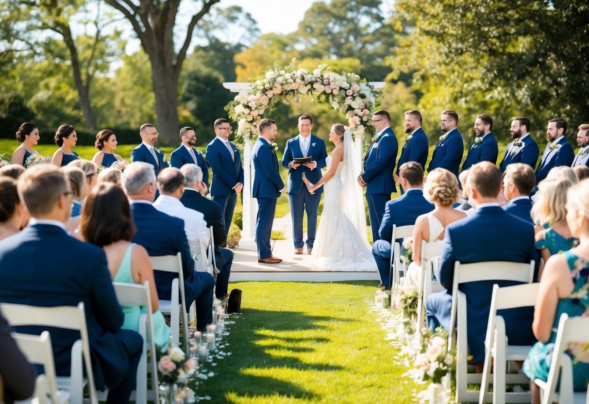 A sunny outdoor wedding ceremony with guests seated in rows, a floral arch at the altar, and a bride and groom standing together