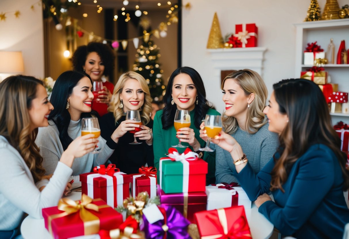 A group of women gather in a decorated space, sipping drinks and chatting, surrounded by gifts and decorations. The atmosphere is lively and celebratory