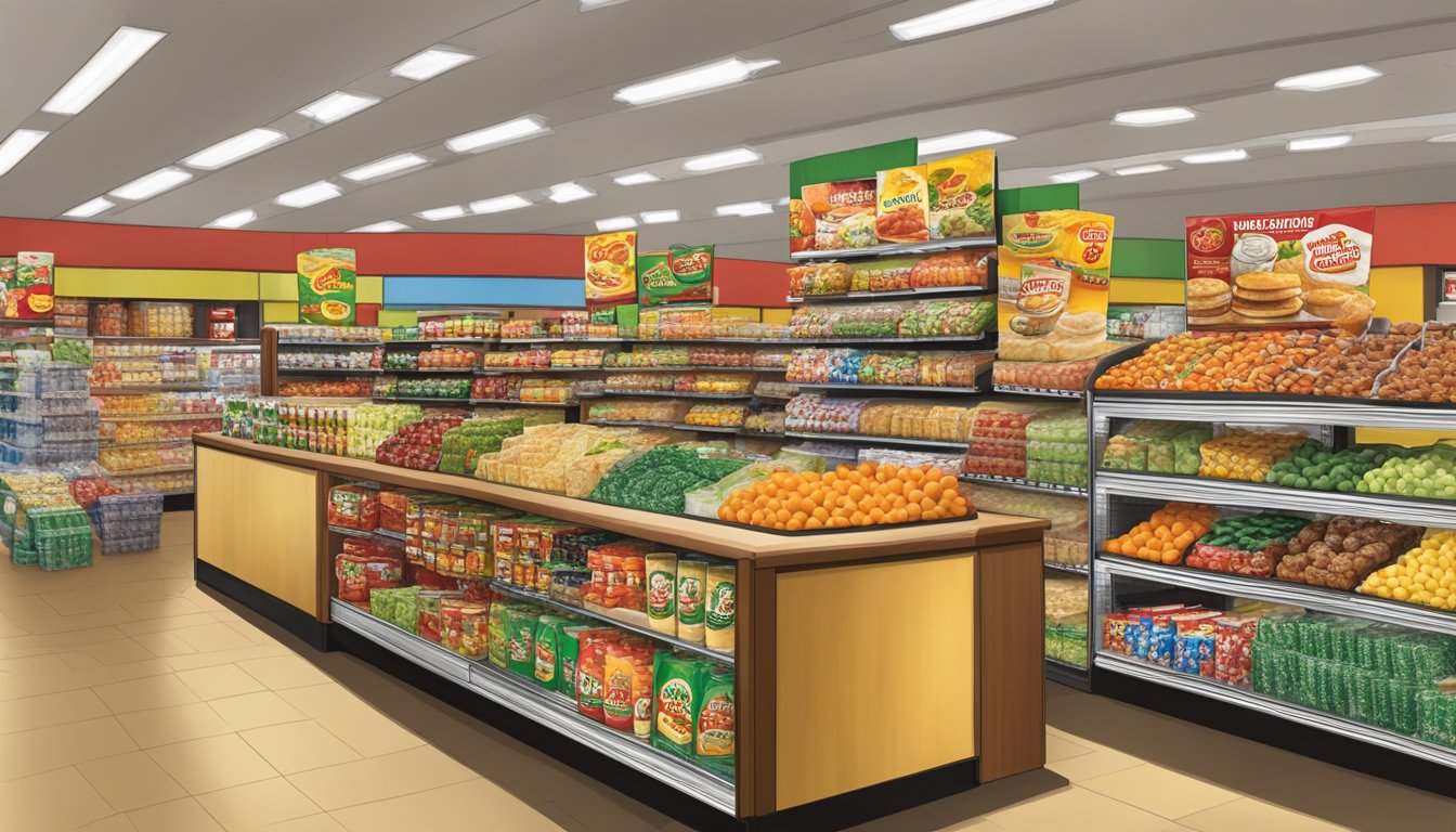 A display of seasonal and promotional food items at Buc-ee's, featuring snacks, drinks, and packaged goods