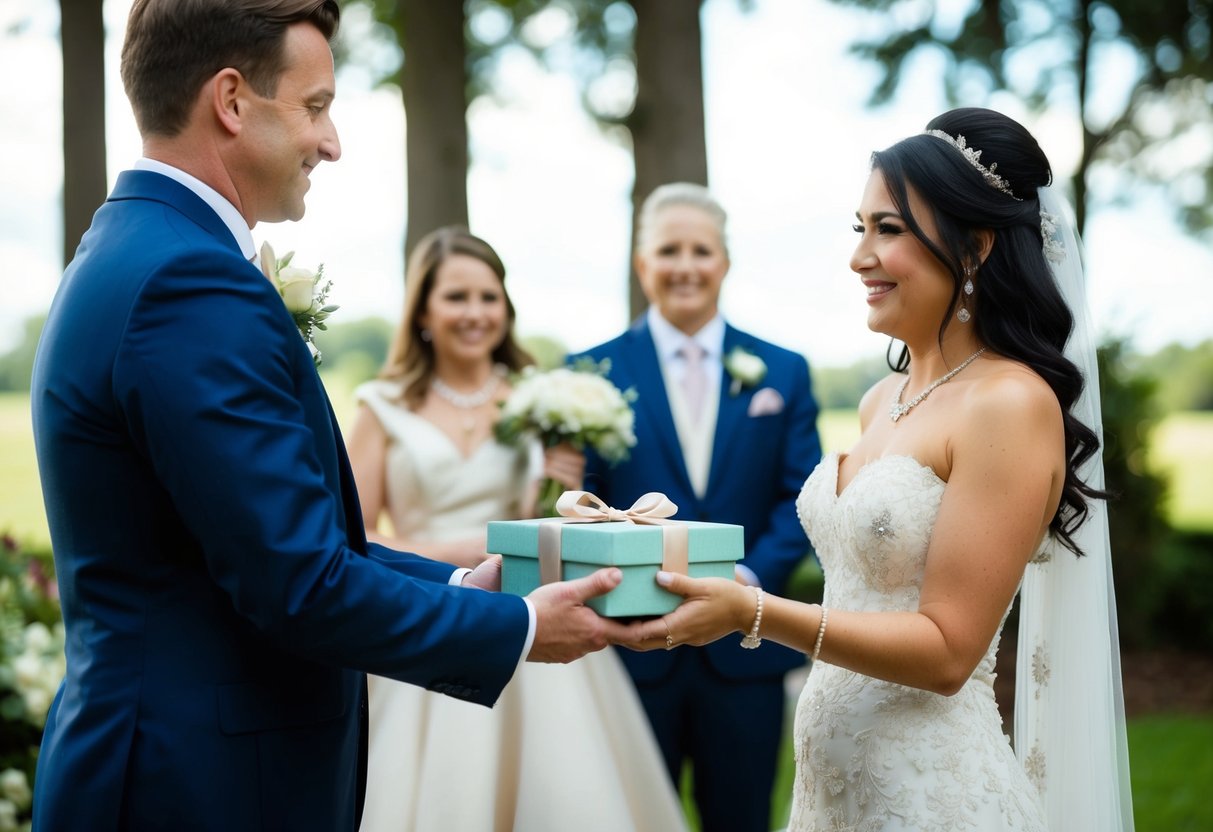 A gift-wrapped jewelry box is handed to the bride by the mother of the groom