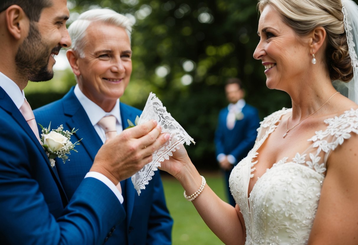 The groom's mother presents a delicate lace handkerchief to the bride as a symbol of her support and welcome into the family