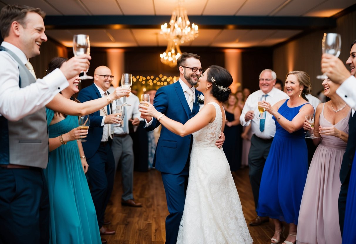 Guests clinking glasses, laughter fills the air, and a couple dances in the center of the room, surrounded by friends and family